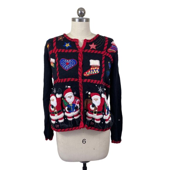 Studio Ho Ho Ho Y2K Ugly Christmas Sweater Womens PL Black Santa Stocking - Picture 1 of 9